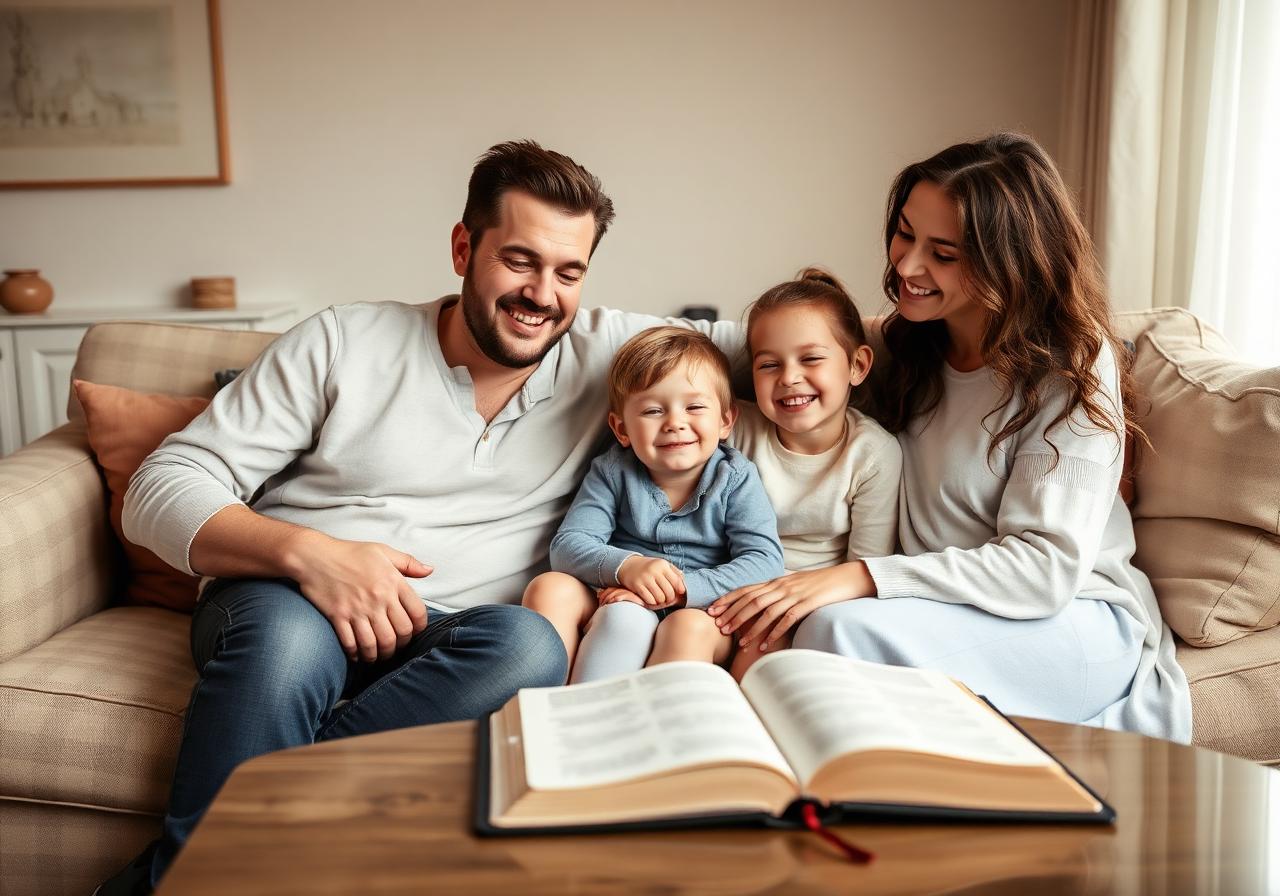 Família cristã reunida sorrindo em casa com Bíblia aberta