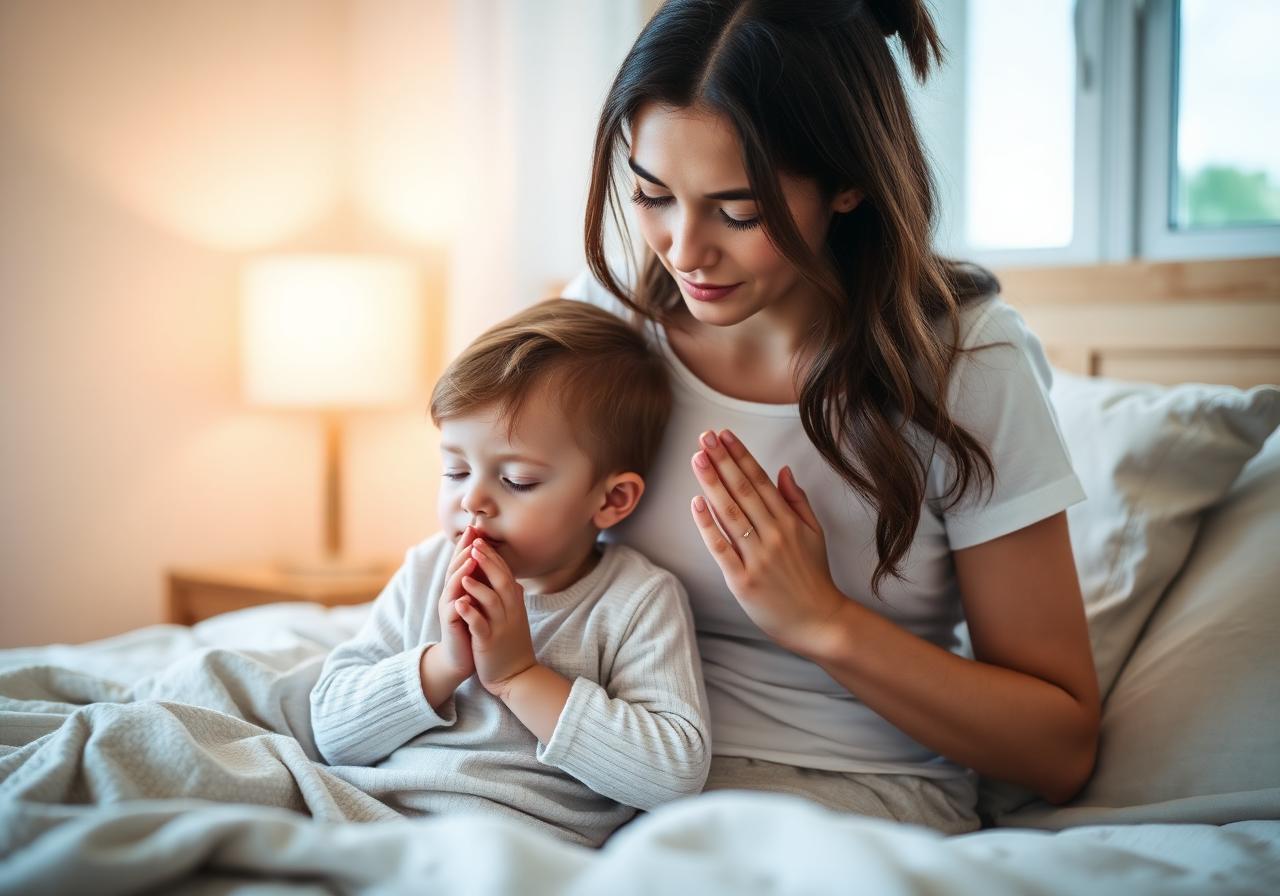 Mãe e filho orando juntos em um momento de paz